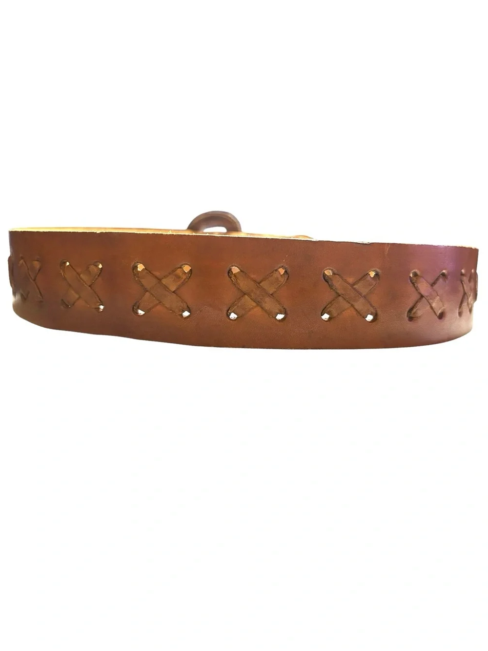 Brown leather belt with X-weave crisscross stitched along the strap.